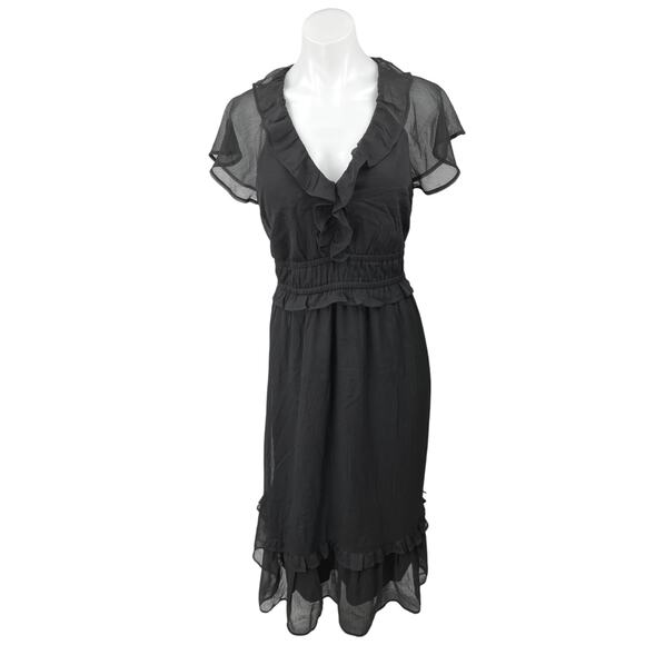 Old Navy Women's Black Mesh Ruffle Short Sleeve V Neck Midi Sheath Dress Size L - Picture 1 of 5
